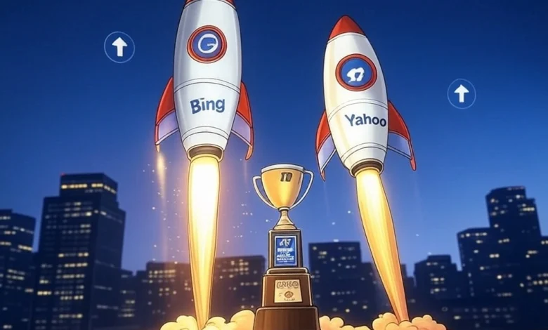 Cartoon rockets labeled Bing and Yahoo launching a website to Google's first page, with a 'Top Rank' trophy and search bar arrows pointing upward.