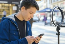 AI generated image of a young teen wearing a blue jacket and holding a smartphone stands on a city street. Next to him is a ring light on a stand, showing the modular design of the HMD Fusion X1 phone. The background has clear buildings and people, with a bright urban setting.