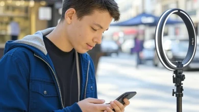 AI generated image of a young teen wearing a blue jacket and holding a smartphone stands on a city street. Next to him is a ring light on a stand, showing the modular design of the HMD Fusion X1 phone. The background has clear buildings and people, with a bright urban setting.