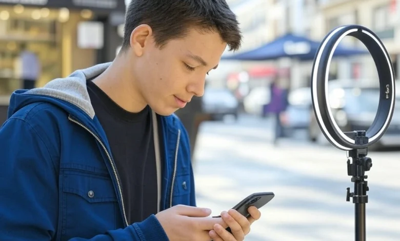 AI generated image of a young teen wearing a blue jacket and holding a smartphone stands on a city street. Next to him is a ring light on a stand, showing the modular design of the HMD Fusion X1 phone. The background has clear buildings and people, with a bright urban setting.